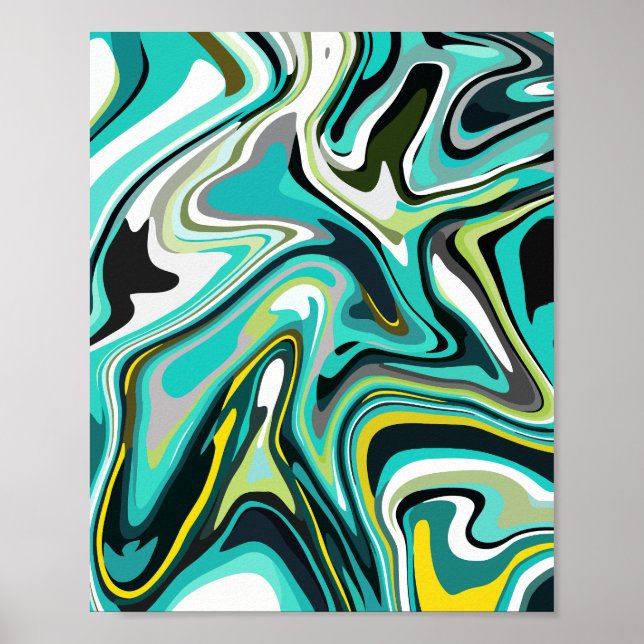 Abstract Fluid Pattern in Teal and Black Poster (Front)