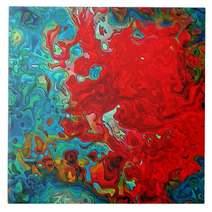 Abstract Fluid Swirls Blue, Green & Red Ceramic Tile