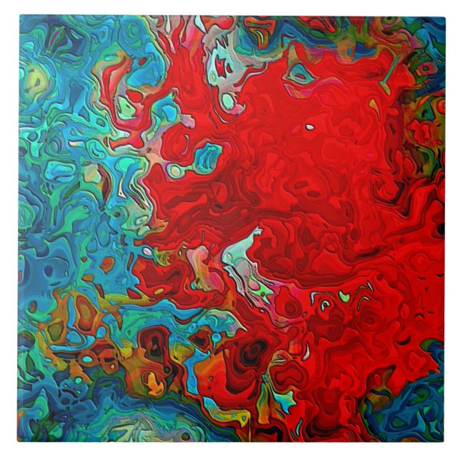 Abstract Fluid Swirls Blue, Green & Red Ceramic Tile (Front)