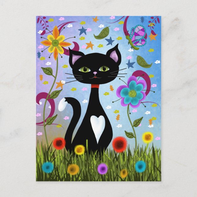 Abstract Folk Art: Charming Black and White Cat Postcard (Front)