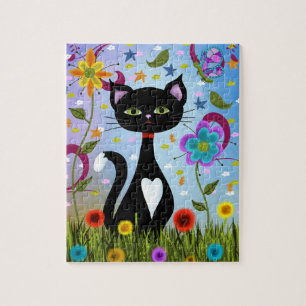 Abstract Folk Art: Charming Black and White Kitty  Jigsaw Puzzle