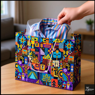 Abstract Folk Art Geometric Quilt Mosaic Large Gift Bag