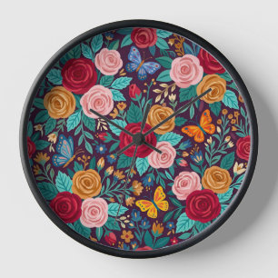 Abstract Folk Art Roses Butterflies Art Clocks