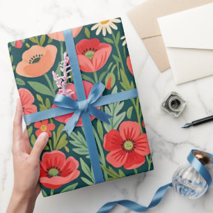 Abstract Folk Poppies Butterflies Wrapping Paper