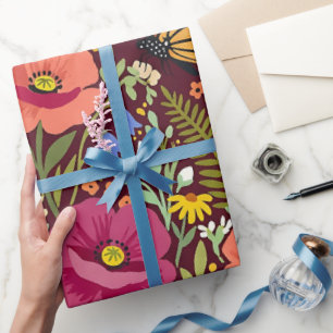 Abstract Folk Poppies Butterfly Wrapping Paper