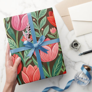 Abstract Folk Tulips Butterflies Wrapping Paper