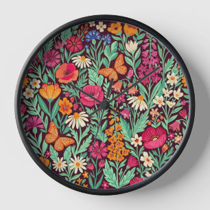 Abstract Folk Wildflowers Butterflies Art Clocks