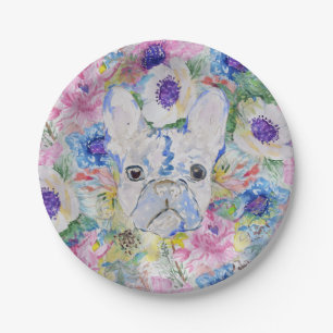 Abstract French bulldog floral watercolor paint Paper Plate