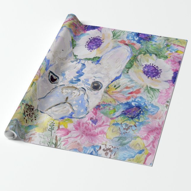 Abstract French bulldog floral watercolor paint Wrapping Paper (Unrolled)