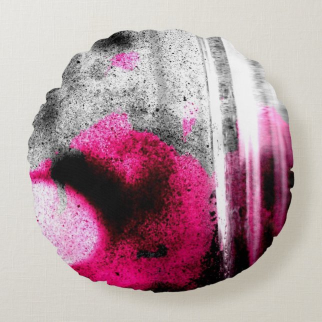 Abstract Fuchsia, Grey and Black Grain Photo Art Round Cushion (Front)