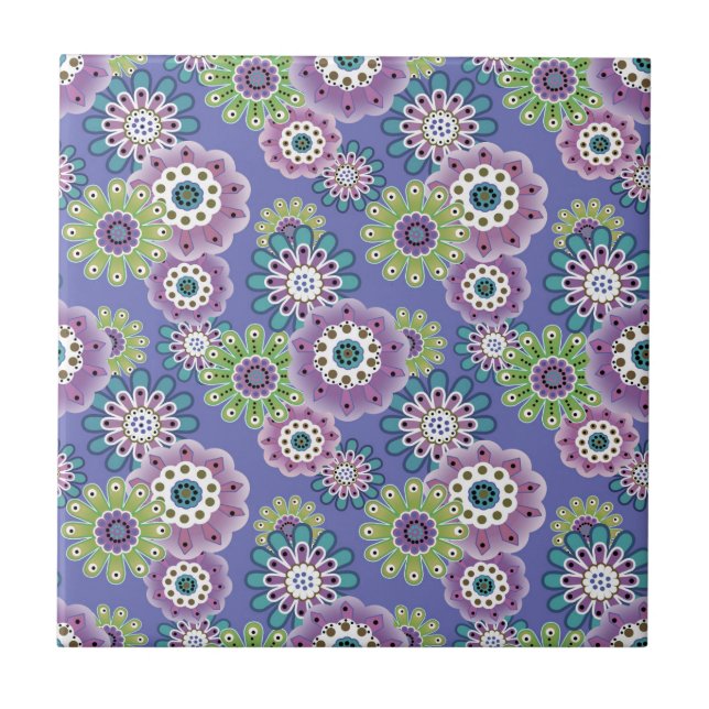 Abstract fun cartoon flowers floral kids scandinav ceramic tile (Front)