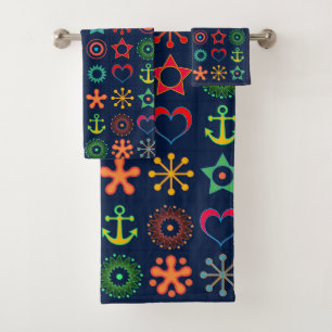 Abstract fun shapes retro design print bath towel set