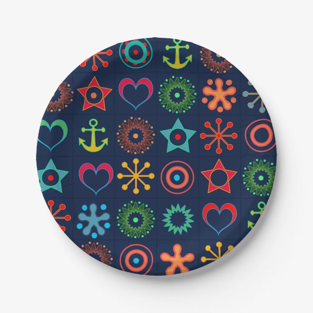Abstract fun shapes retro design print paper plate (Front)