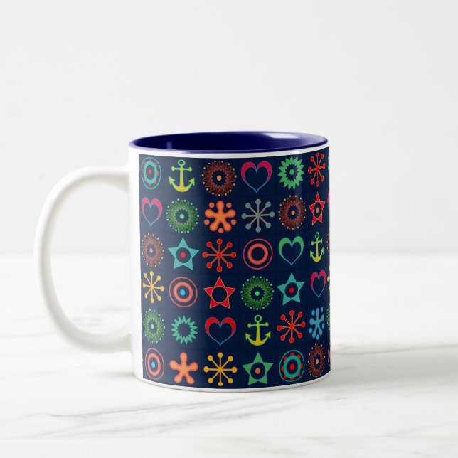 Abstract fun shapes retro design print Two-Tone coffee mug (Left)