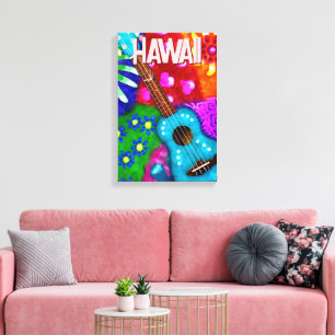 Abstract Funky Ukulele Floral Tropical Teal Purple Canvas Print
