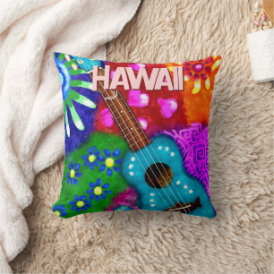 Abstract Funky Ukulele Floral Tropical Teal Purple Cushion