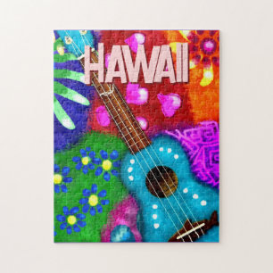 Abstract Funky Ukulele Floral Tropical Teal Purple Jigsaw Puzzle
