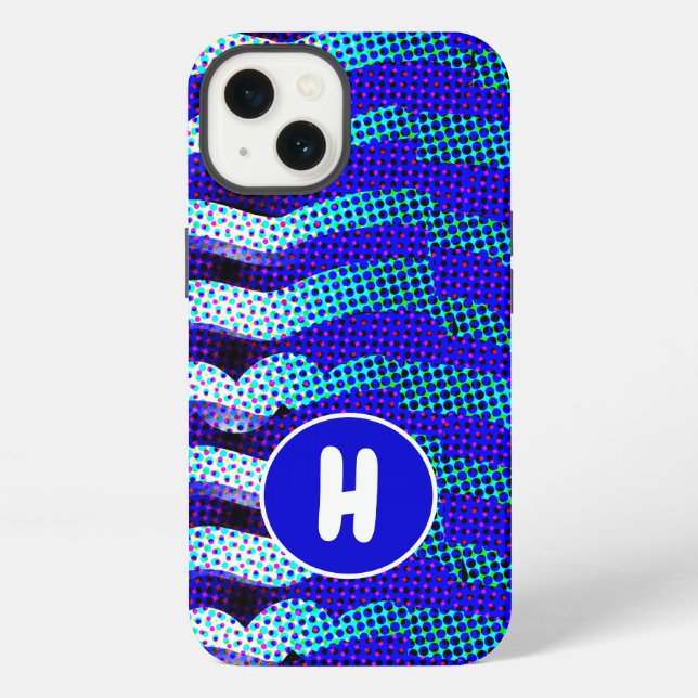 Abstract Funky Wave Pattern Blue, Green Monogramed iPhone Case (Back)