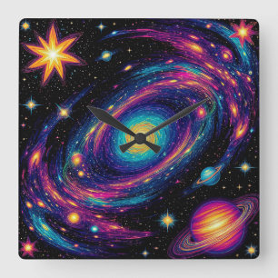 Abstract Galaxy Scene with Stars, Planets Square Wall Clock