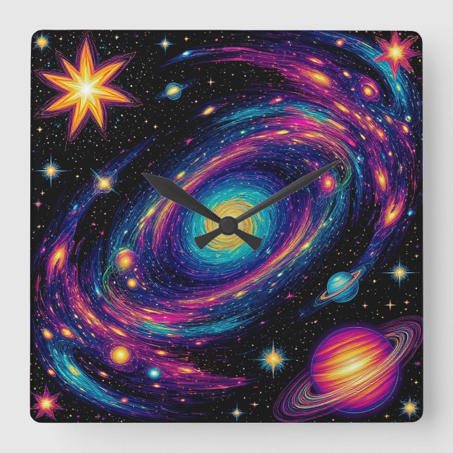 Abstract Galaxy Scene with Stars, Planets Square Wall Clock (Front)