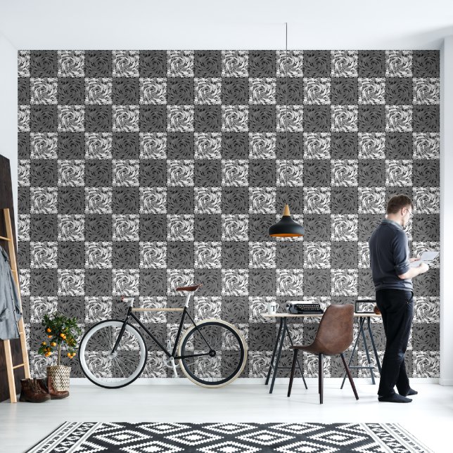 Abstract Geometric Black and White Chequerboard  Wallpaper (Living Room)
