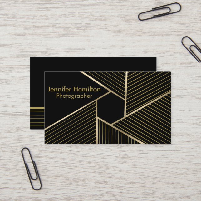 Abstract Geometric Black Gold Foil Photographer Business Card (Front/Back In Situ)