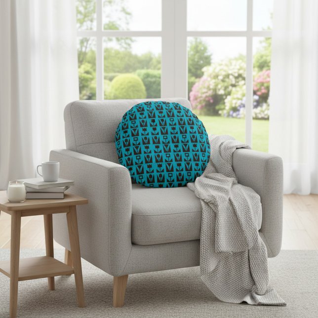 Abstract Geometric Blue Floral  Round Cushion (Creator Uploaded)