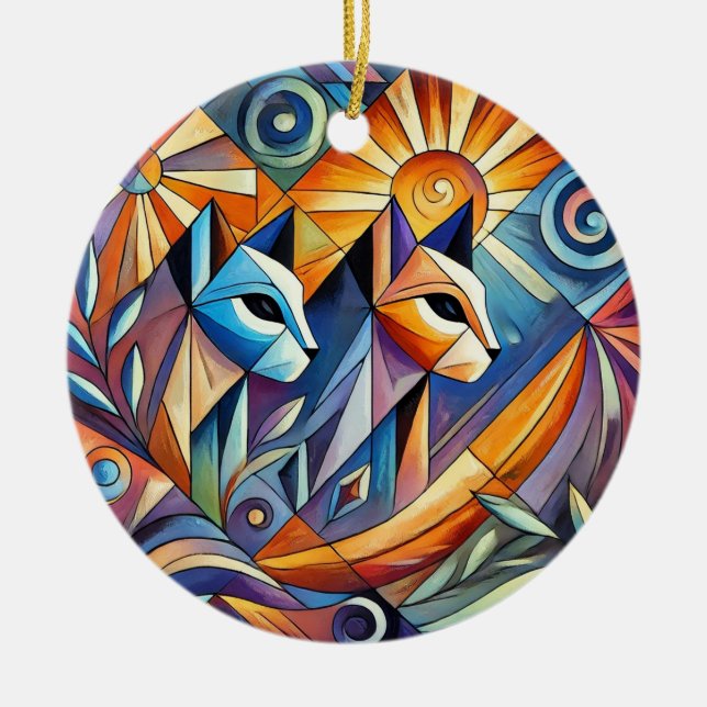 Abstract Geometric Cats with Vibrant Colours Ceramic Ornament (Front)