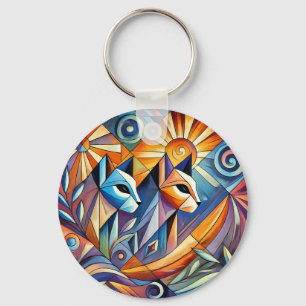Abstract Geometric Cats with Vibrant Colours Key Ring