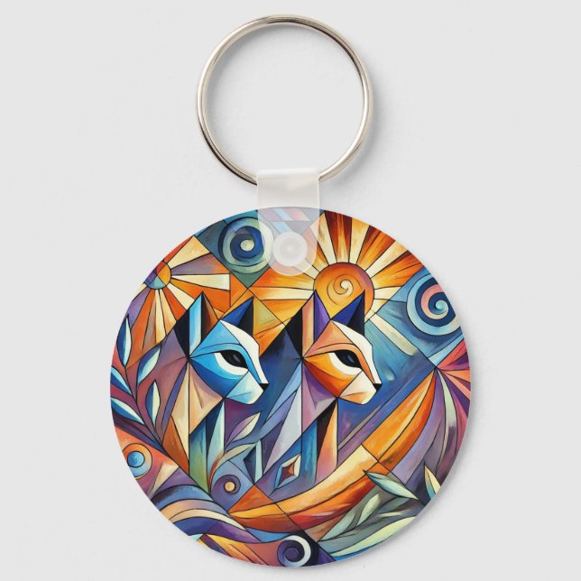 Abstract Geometric Cats with Vibrant Colours Key Ring (Front)