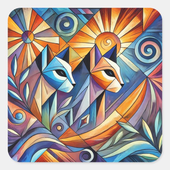 Abstract Geometric Cats with Vibrant Colours Square Sticker (Front)