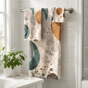 Abstract Geometric Circle Pattern Neutral Boho Bath Towel Set