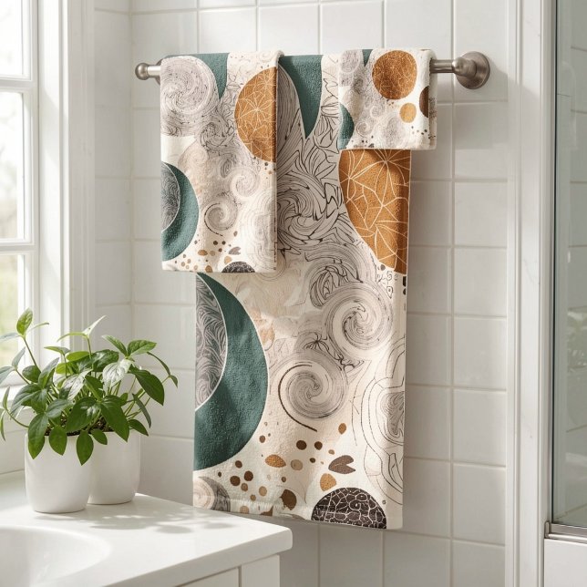 Abstract Geometric Circle Pattern Neutral Boho Bath Towel Set (Creator Uploaded)