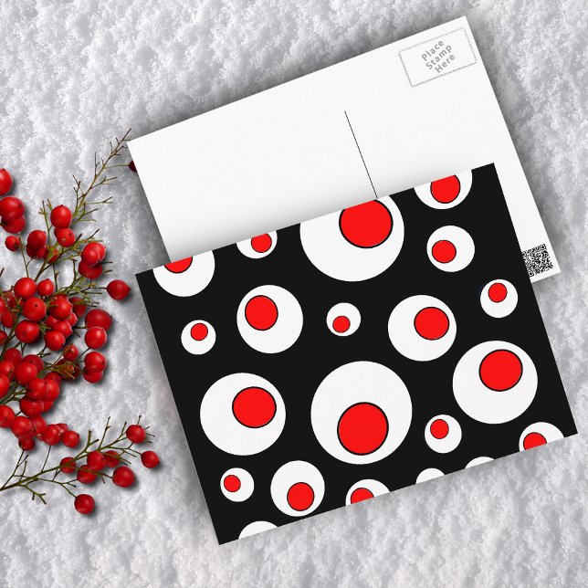 Abstract Geometric Cool Circles Postcard (Geometric abstract design of bright bold red circles in white circles on black postcard.)