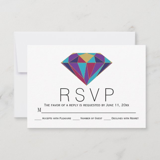 Abstract geometric diamond jewel wedding RSVP card (Front)