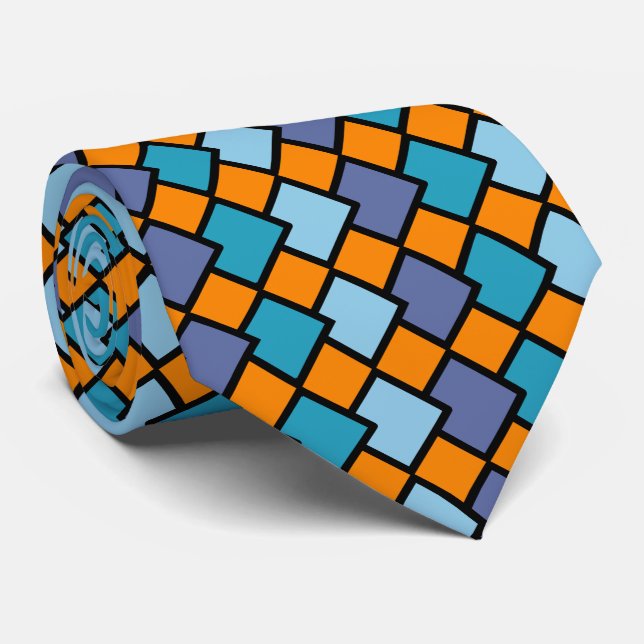 Abstract Geometric Diamond Shape Orange Blue Tie (Rolled)