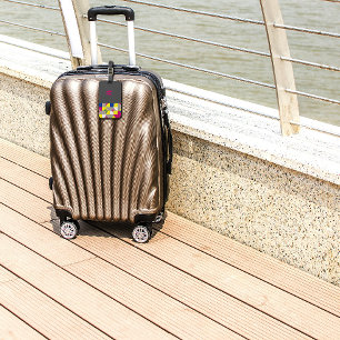 Abstract geometric fuchsia blue yellow grey name luggage tag