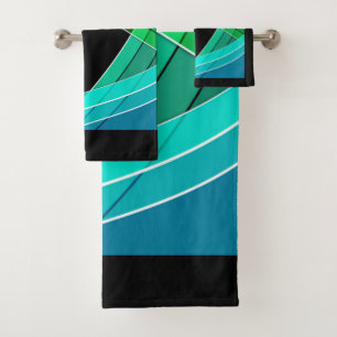 Abstract, geometric, green, blue, black bath towel set
