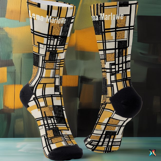 Abstract Geometric Grid in Mustard & Black custom Socks (Creator Uploaded)