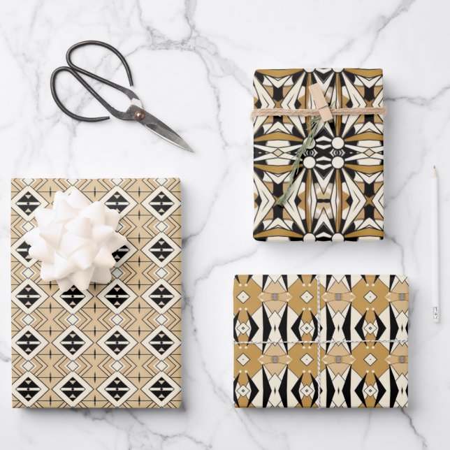 Abstract Geometric Harmony: Brown, Beige, Black Wrapping Paper Sheet (Front)