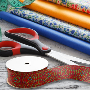 Abstract Geometric Hippie Red Green Ethnic Tribal Grosgrain Ribbon