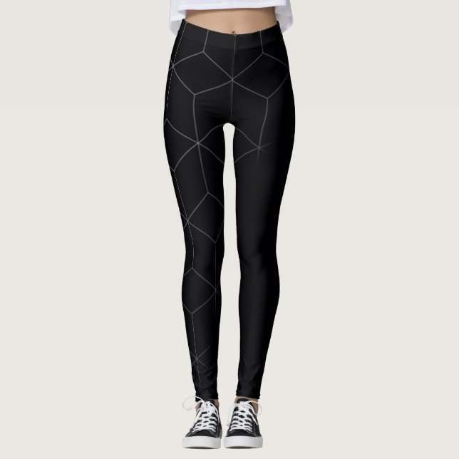 Abstract Geometric Image on Attractive Dark Black Leggings (Front)