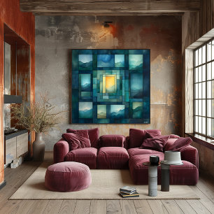 Abstract Geometric Landscape Art – Blue and Gold Poster