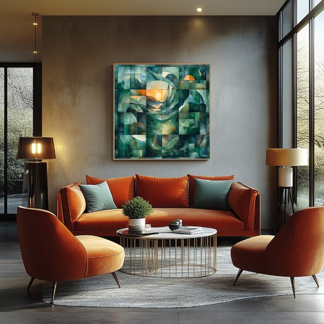 Abstract Geometric Landscape Art – Green & Orange Poster (Creator Uploaded)