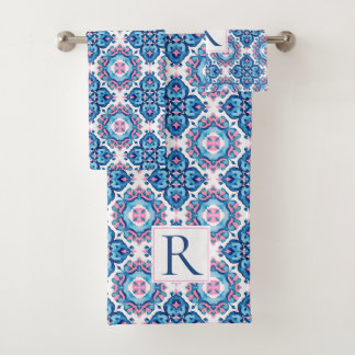 Abstract geometric Mediterranean pink tile pattern Bath Towel Set