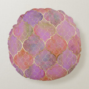 Abstract Geometric: Moroccan Gold Watercolor Round Cushion