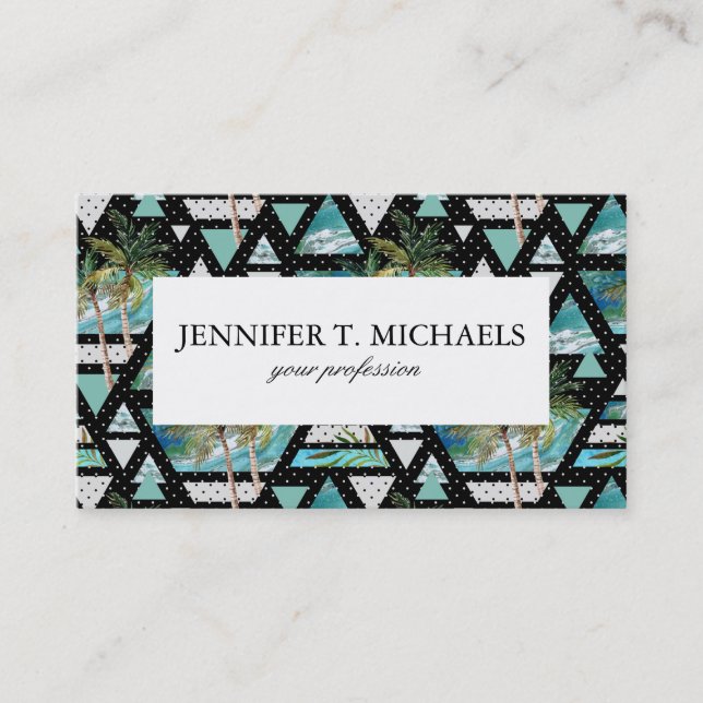 Abstract Geometric Palms & Waves Pattern Business Card (Front)