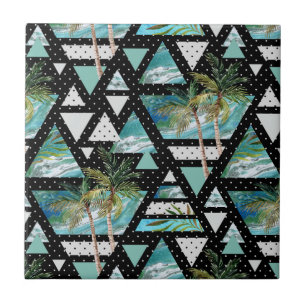 Abstract Geometric Palms & Waves Pattern Ceramic Tile