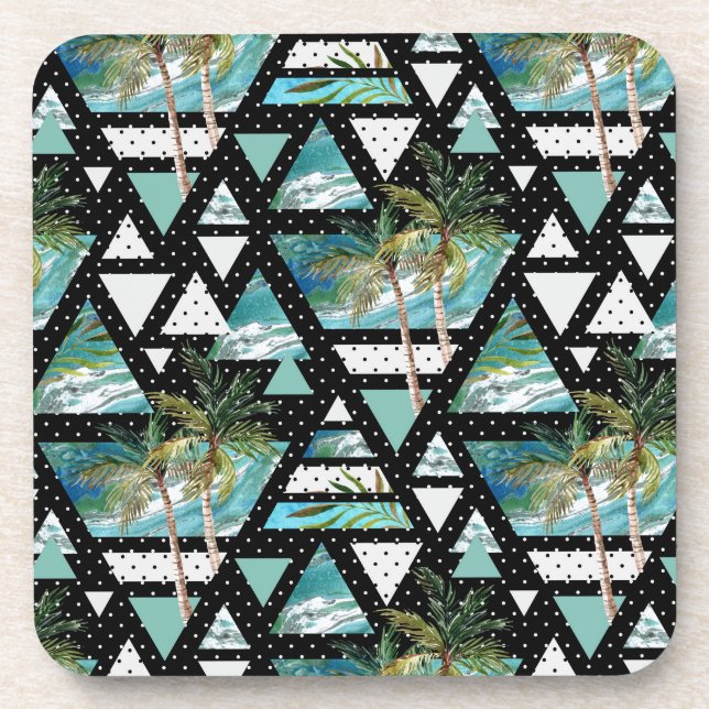 Abstract Geometric Palms & Waves Pattern Coaster (Front)