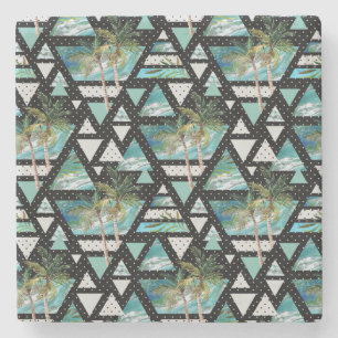 Abstract Geometric Palms & Waves Pattern Stone Coaster